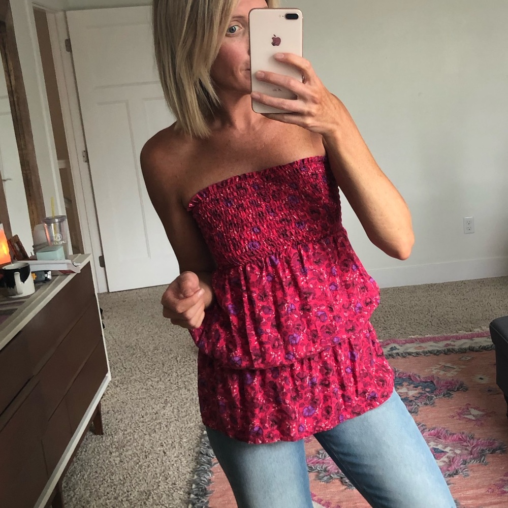 100% silk drop waist strapless floral pink top S